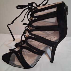 VINTAGE Bakers Black Mesh + Suede Lace-Up Gladiator Stiletto Heels - Size 8 EUC
